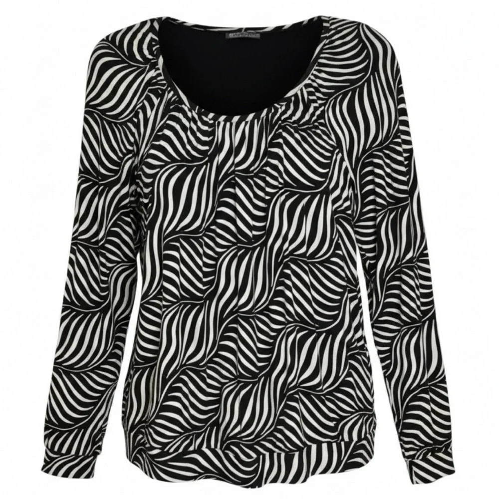 Michael Kors Ruched Round Neck Black White Zebra Print Long Sleeve Soft Blouse L